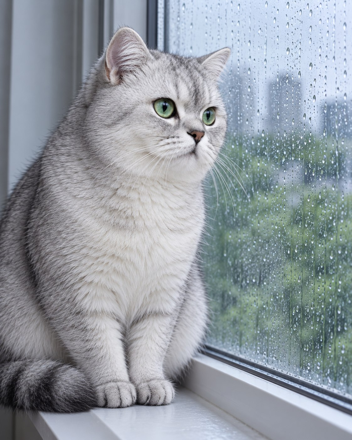 团子坐在雨天的窗边
